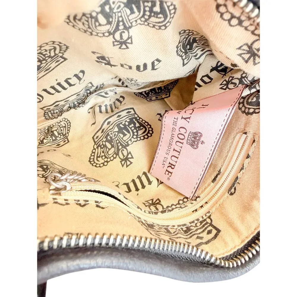 Vintage Y2K Juicy Couture USA Made Black Leather baguette Hobo Bag Heart Charm